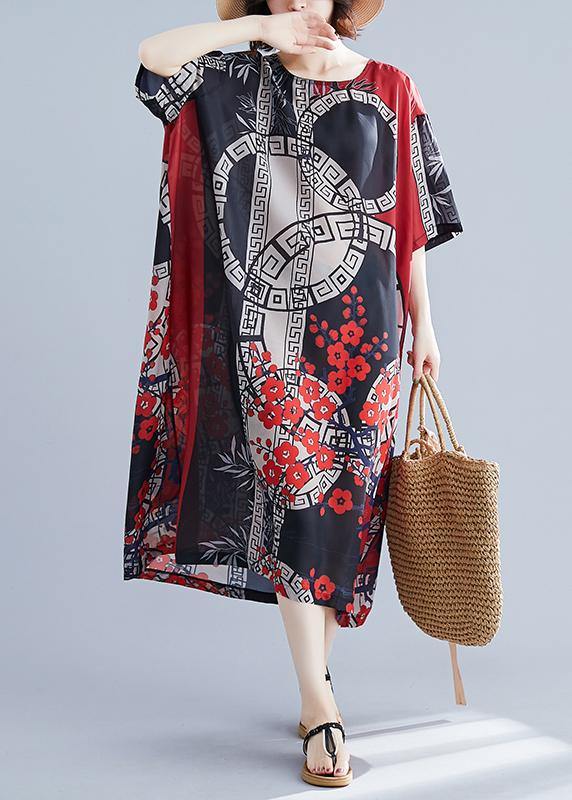 French O Neck Spring Tunics For Women Red Print Long Dress - SooLinen