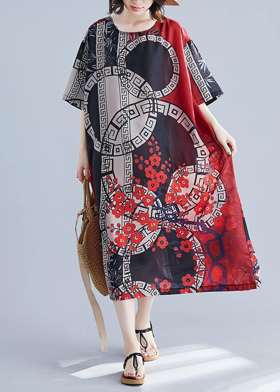 French O Neck Spring Tunics For Women Red Print Long Dress - SooLinen