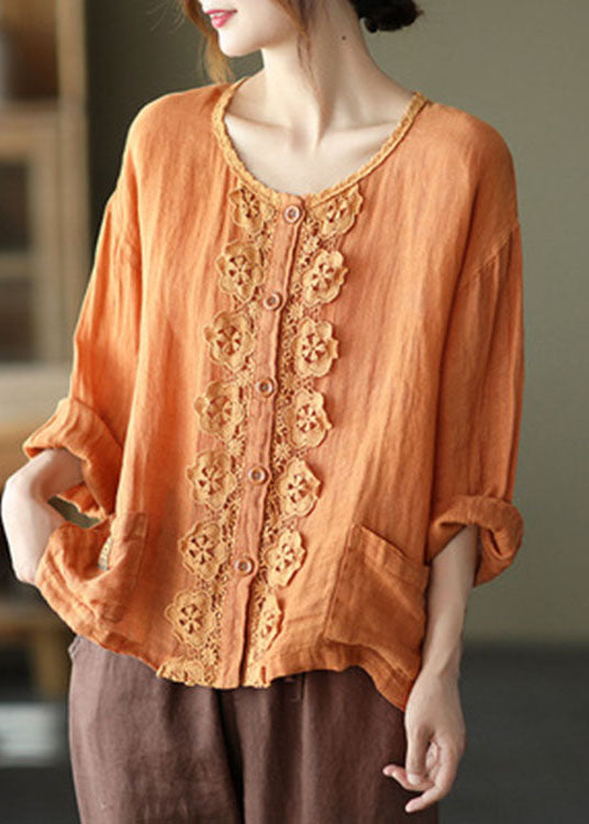 French Orange Embroideried Hollow Out Patchwork Fall Linen Top