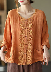 French Orange Embroideried Hollow Out Patchwork Fall Linen Top