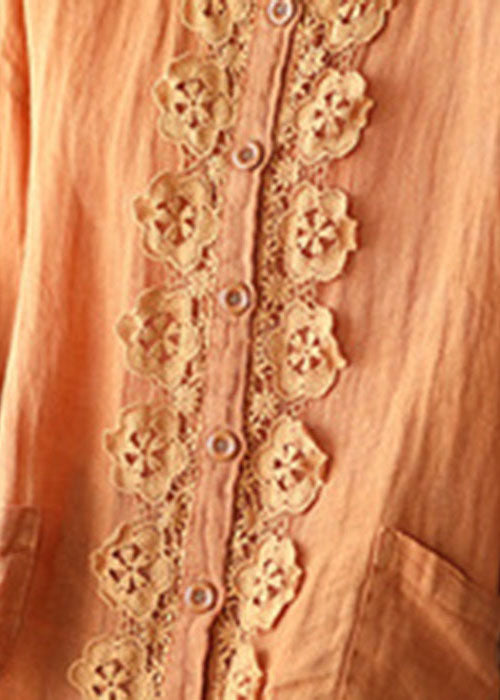 French Orange Embroideried Hollow Out Patchwork Fall Linen Top