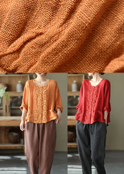 French Orange Embroideried Hollow Out Patchwork Fall Linen Top