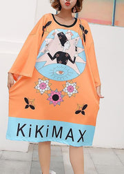 French Orange Graphic Cotton Loose Summer Long Dress - SooLinen