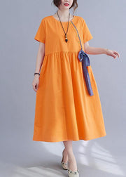 French Orange Patchwork Button Party Summer Cotton Linen Dress - SooLinen