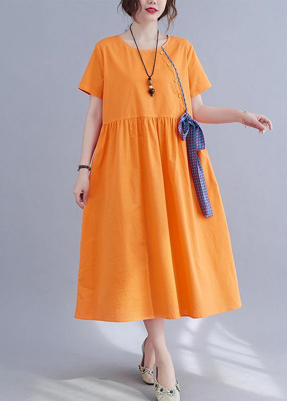 French Orange Patchwork Button Party Summer Cotton Linen Dress - SooLinen