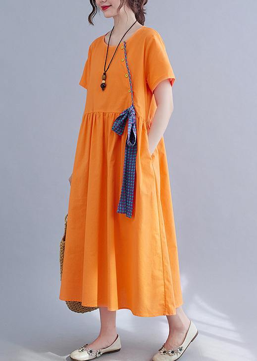 French Orange Patchwork Button Party Summer Cotton Linen Dress - SooLinen