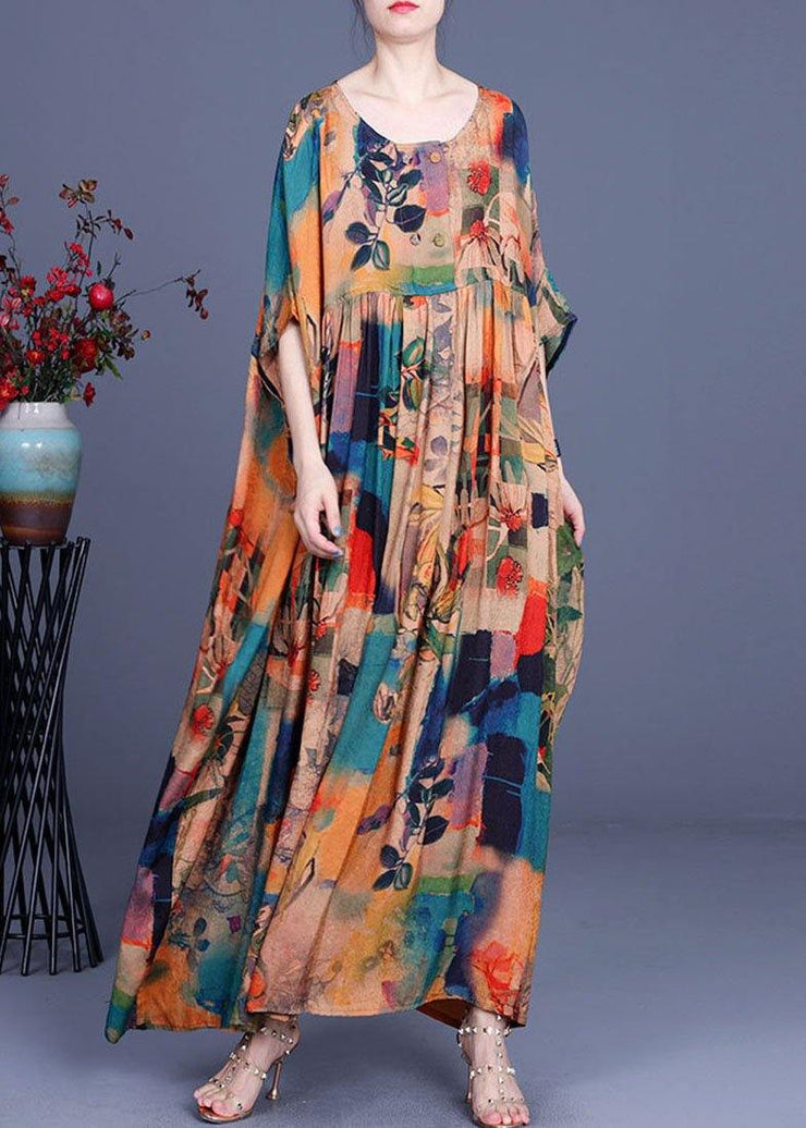 French Orange Print Button Batwing Sleeve Silk Summer Maxi Dresses - SooLinen