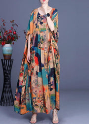 French Orange Print Button Batwing Sleeve Silk Summer Maxi Dresses - SooLinen