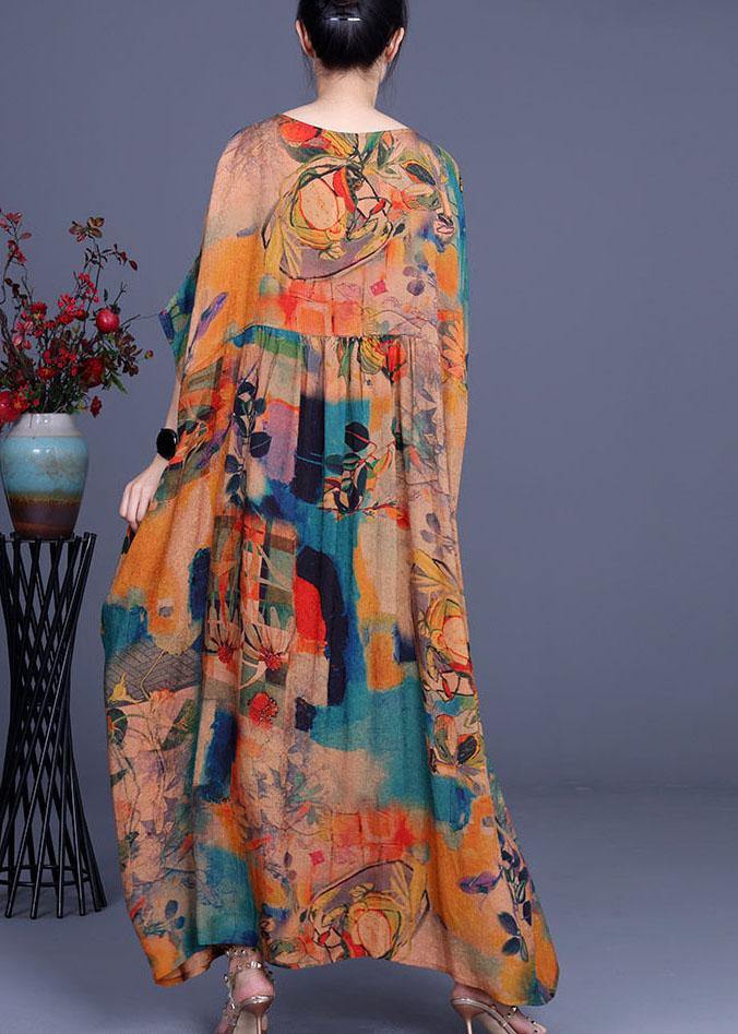 French Orange Print Button Batwing Sleeve Silk Summer Maxi Dresses - SooLinen