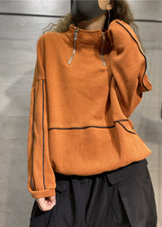 French Orange Stand Collar Zip Up Patchwork Sweatshirts Top Spring