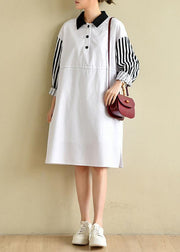 French Peter Pan Collar Striped Dresses Big Hem Cotton Dress - SooLinen