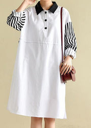 French Peter Pan Collar Striped Dresses Big Hem Cotton Dress - SooLinen