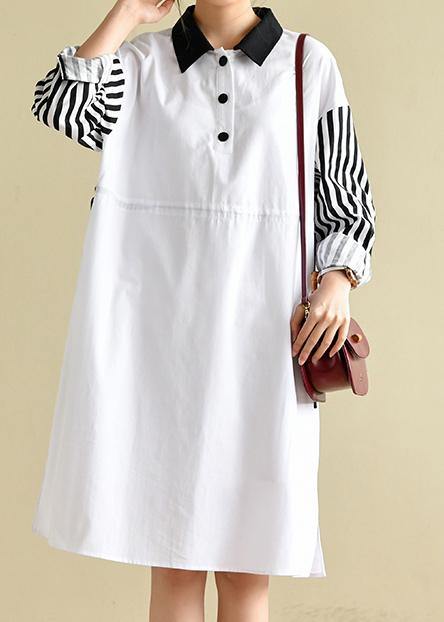 French Peter Pan Collar Striped Dresses Big Hem Cotton Dress - SooLinen