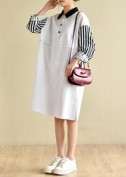 French Peter Pan Collar Striped Dresses Big Hem Cotton Dress - SooLinen