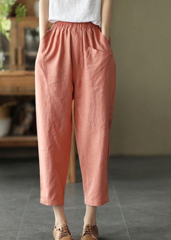 French Pink Casual Loose Patchwork Summer Linen Pants - SooLinen