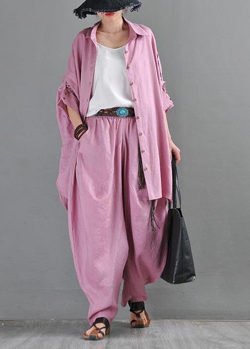 French Pink Purple Cotton Linen Casual Harem Pants Summer - SooLinen