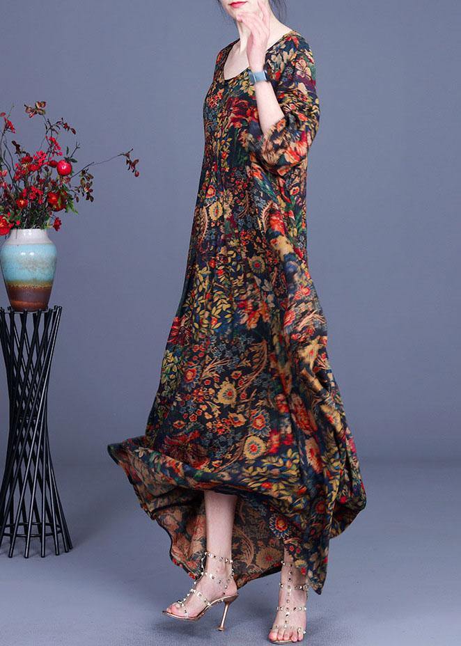 French Print O-Neck long sleeve Silk Dresses Summer - SooLinen