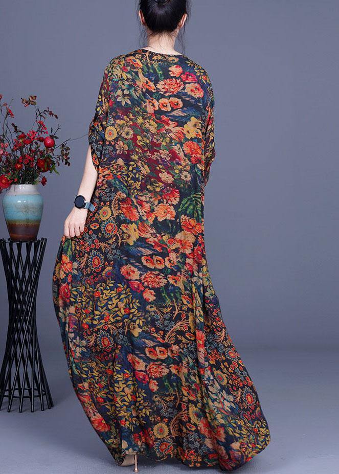 French Print O-Neck long sleeve Silk Dresses Summer - SooLinen