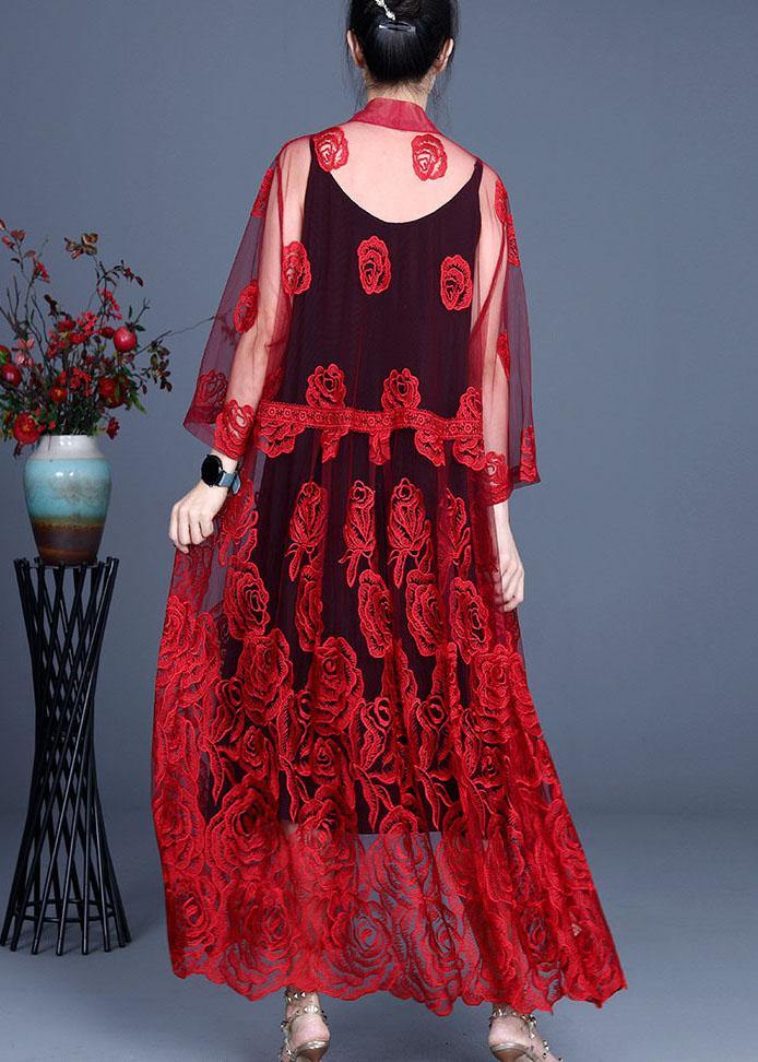 French Red Embroideried Tulle Cardigan Long - SooLinen