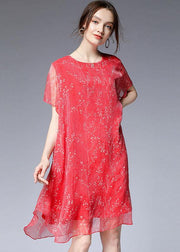 French Red O-Neck Asymmetrical Design Summer Chiffon Dresses Short Sleeve - SooLinen