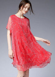 French Red O-Neck Asymmetrical Design Summer Chiffon Dresses Short Sleeve - SooLinen