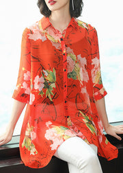 French Red Peter Pan Collar Button Print Chiffon Shirt Half Sleeve