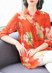 French Red Peter Pan Collar Button Print Chiffon Shirt Half Sleeve