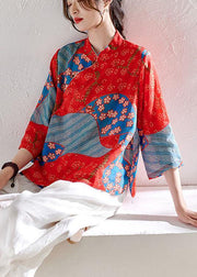 French Red Print Button Summer Ramie Shirt Tops - SooLinen