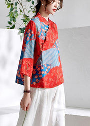 French Red Print Button Summer Ramie Shirt Tops - SooLinen