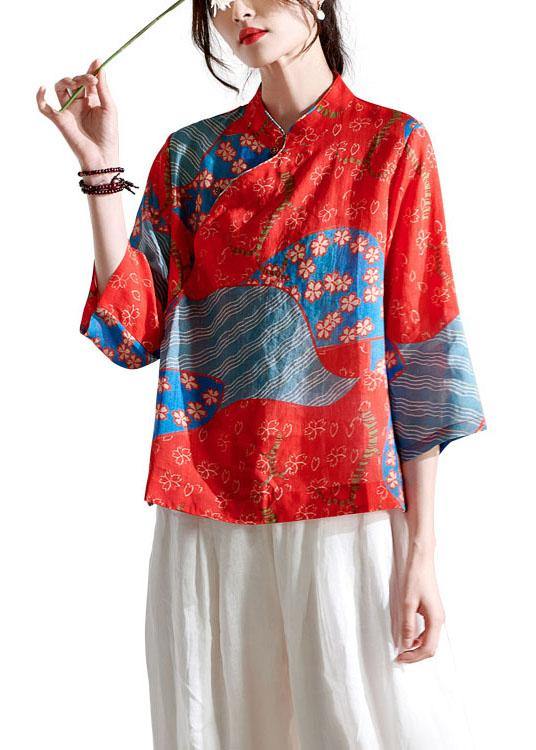 French Red Print Button Summer Ramie Shirt Tops - SooLinen