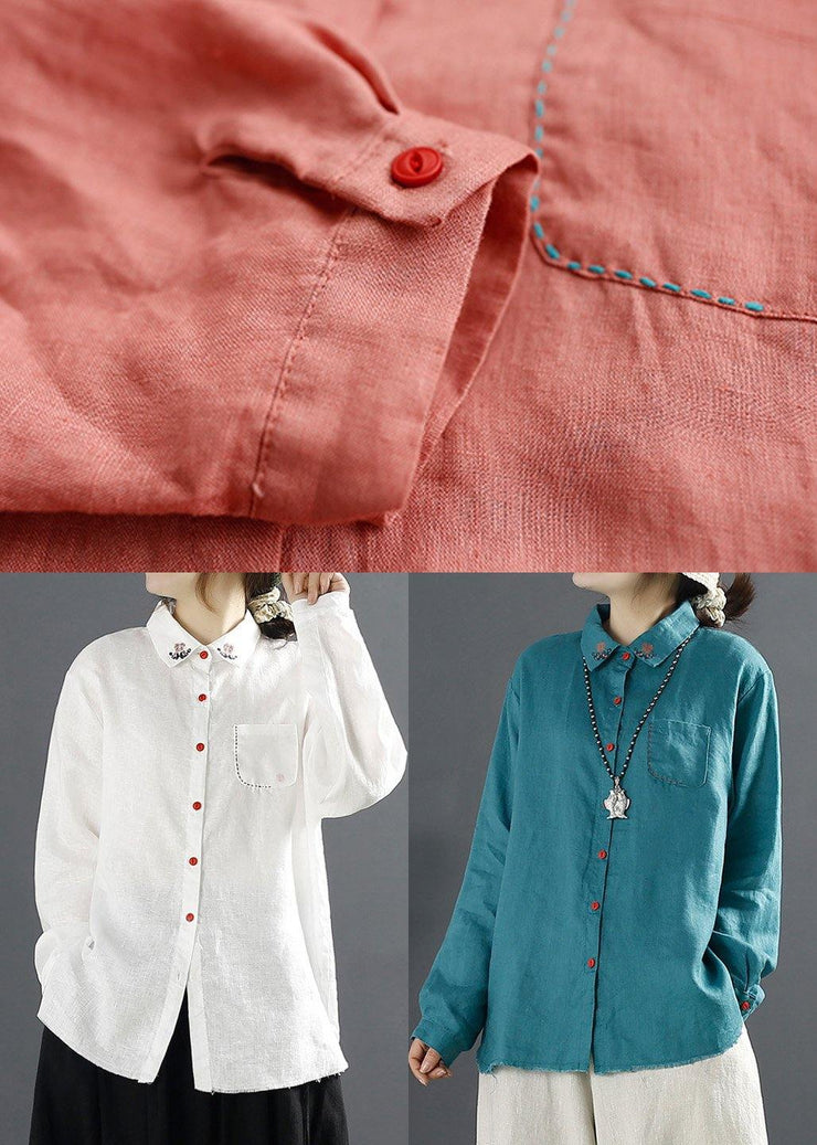 French Red Shirts Lapel Embroidery Blouses - SooLinen