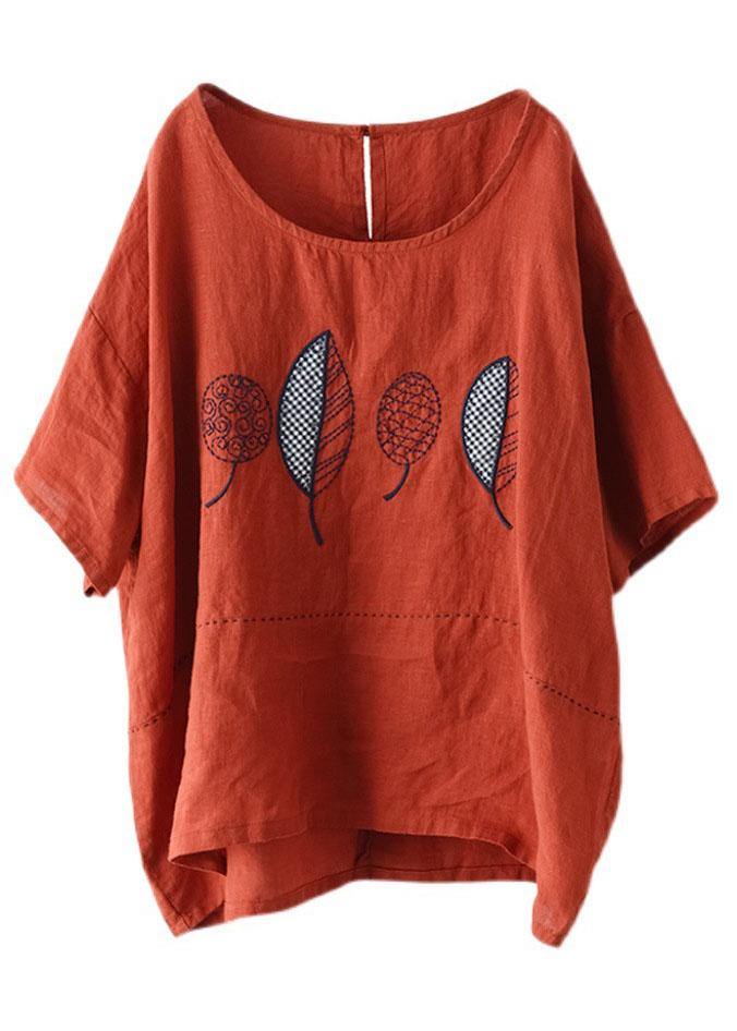 French Red Summer O-Neck Embroideried Linen Half Sleeve T Shirt - SooLinen