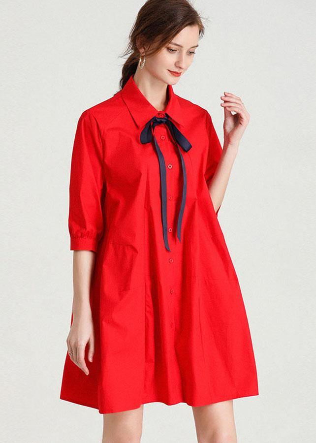 French Red elegant slim fit Summer Cotton Half Sleeve Party Dress - SooLinen