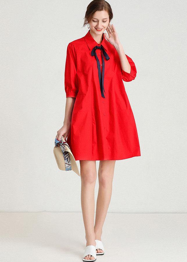 French Red elegant slim fit Summer Cotton Half Sleeve Party Dress - SooLinen