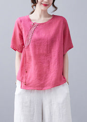 French Rose O-Neck Besticktes Leinen T-Shirt Kurzarm