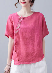 French Rose O-Neck Embroideried Linen T Shirt Short Sleeve