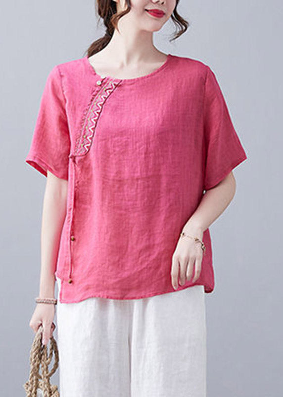 French Rose O-Neck Embroideried Linen T Shirt Short Sleeve