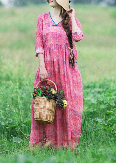 French Rose Print Clothes Women V Neck Patchwork Maxi Spring Dress - SooLinen