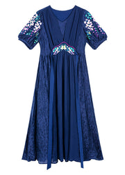 French Tibetan Blue Embroideried Patchwork Silk Maxi Dresses Spring