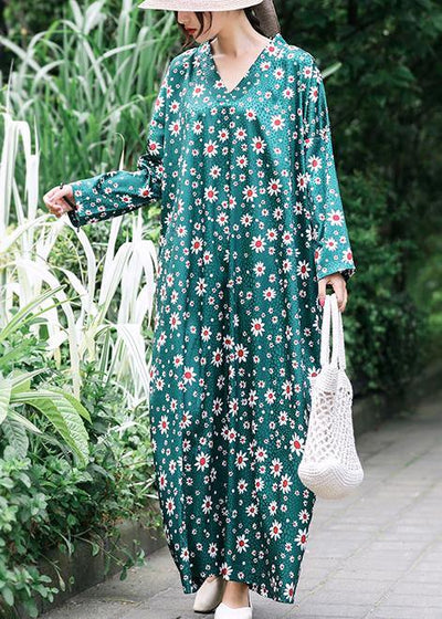 French Green Daisy Print Summer Dress Long Caftan Sundress - SooLinen