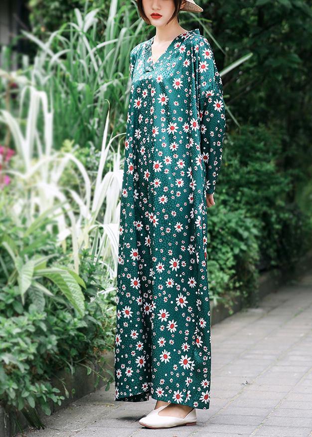 French Green Daisy Print Summer Dress Long Caftan Sundress - SooLinen