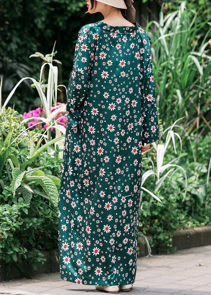 French Green Daisy Print Summer Dress Long Caftan Sundress - SooLinen