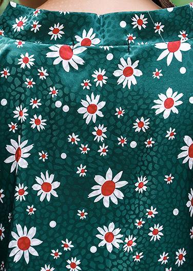 French Green Daisy Print Summer Dress Long Caftan Sundress - SooLinen