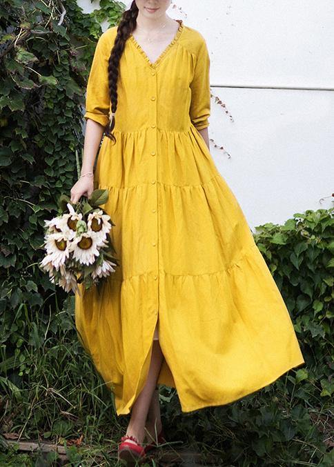 French V Neck Patchwork Spring Dresses Fabrics Yellow Plus Size Dresses - SooLinen