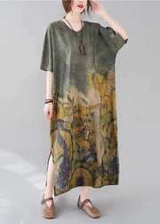 French V Neck Side Open Spring Tunic Dress Peacock Print Kaftan Dress - SooLinen