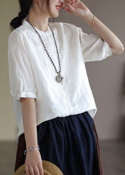 French White Button Embroideried Cotton Shirts Half Sleeve