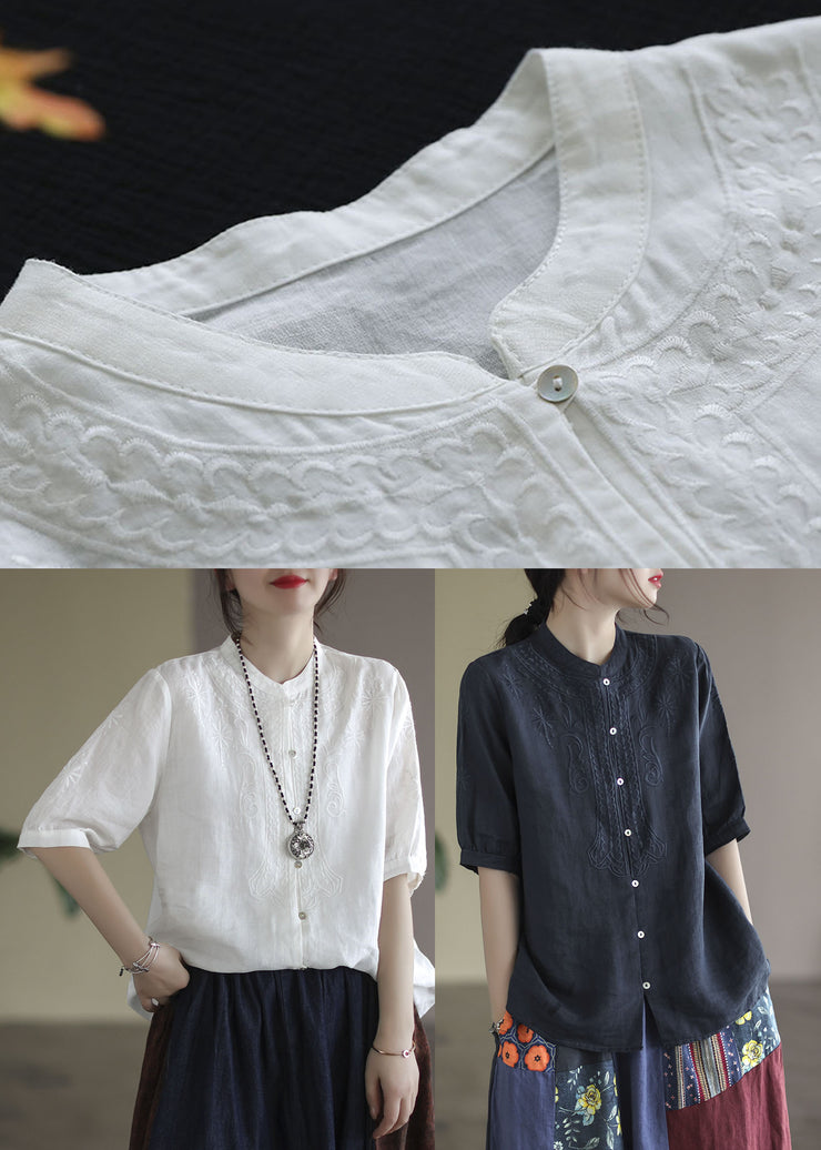 French White Button Embroideried Cotton Shirts Half Sleeve