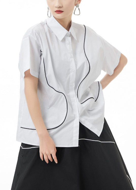 French White Peter Pan Collar Line Cotton Shirt Top Short Sleeve