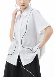 French White Peter Pan Collar Line Cotton Shirt Top Short Sleeve