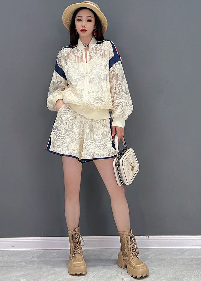 French White Zipper Patchwork Lace UPF 50+ Coat Jacke und Shorts zweiteiliges Set Sommer